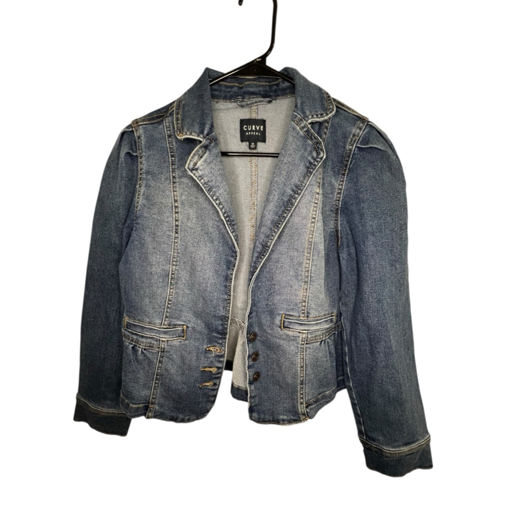 Curve Appeal Medium Wash Stretchy Fitted Button Up Peplum Denim Jacket